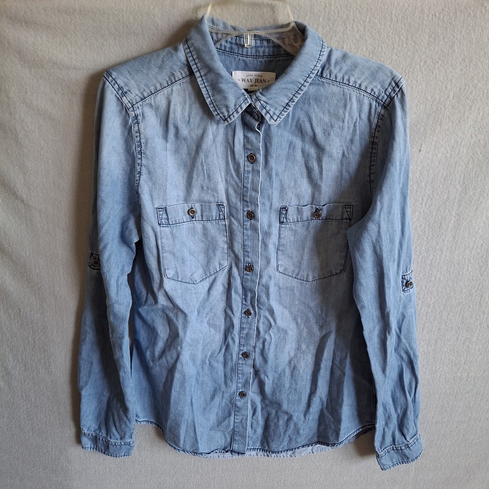 Wax Jean Womens Size Small Light Wash Denim Chambray Shirt Roll Tab Sleeve